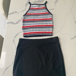 Ribbed stripe tank top with black fitted skirt